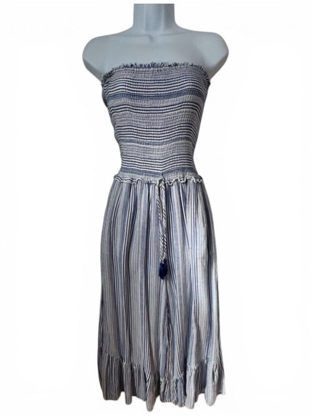 Blue Island Blue & White Striped Strapless Smocked Wide-Leg Romper